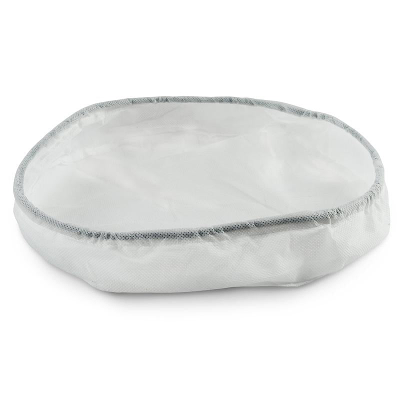 Ein weißes, rundes TASKI AERO 8/15 Vlies Filtertuch (Motorschutz) der Diversey Deutschland GmbH & Co. OHG mit grauem Rand, ausgeführt als Staubsaugerzubehör, liegt flach auf einer weißen Fläche. Erhältlich im 5er-Karton.