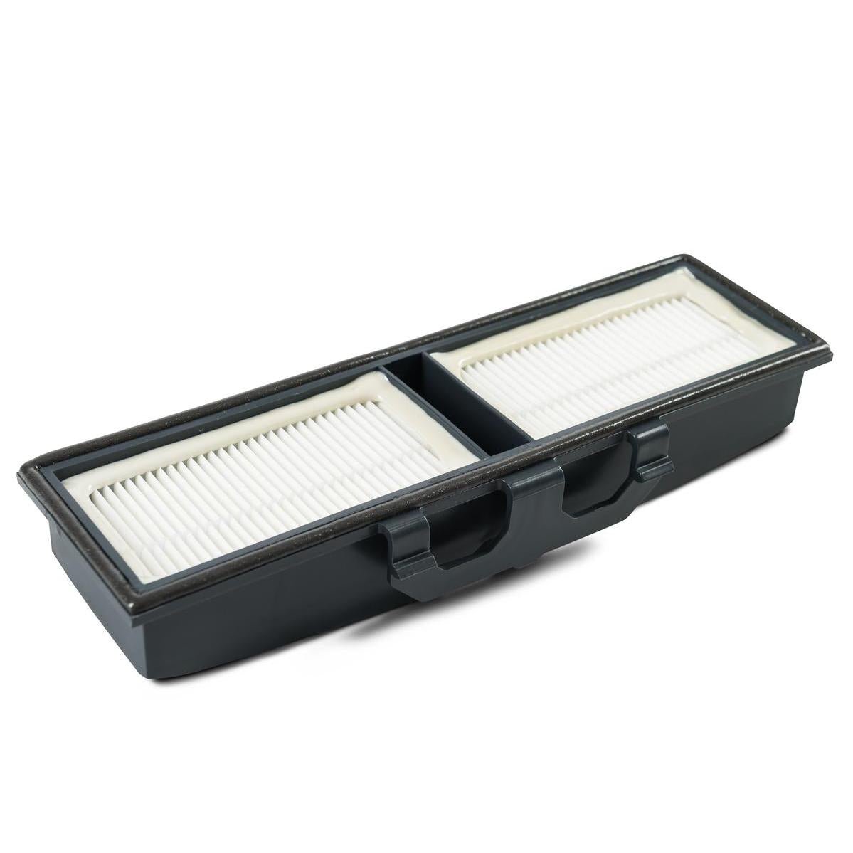 De TASKI AERO 8/15 HEPA-microfilter H13 van Diversey Deutschland GmbH & Co. OHG is een rechthoekige cartridge met twee witte geplooide filters in een zwart frame met frontgrepen, klasse H13, voor TASKI Aero stofzuigers - ideaal voor allergiepatiënten.