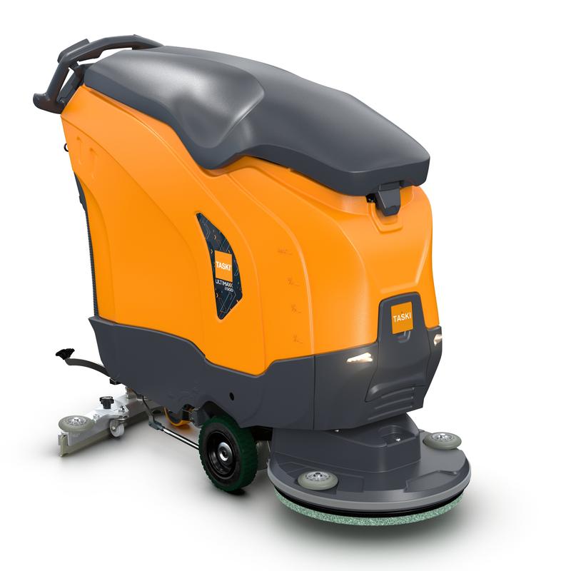 Der TASKI ULTIMAXX 2900 SD50 von Diversey Deutschland ist eine Scheuersaugmaschine der nächsten Generation mit Radantrieb, 63L Tank, Bediengriffen und einer 50cm Einzelscheibe. Sein orange/graues Design verfügt über zwei Räder und einen robusten Frontschrubber.