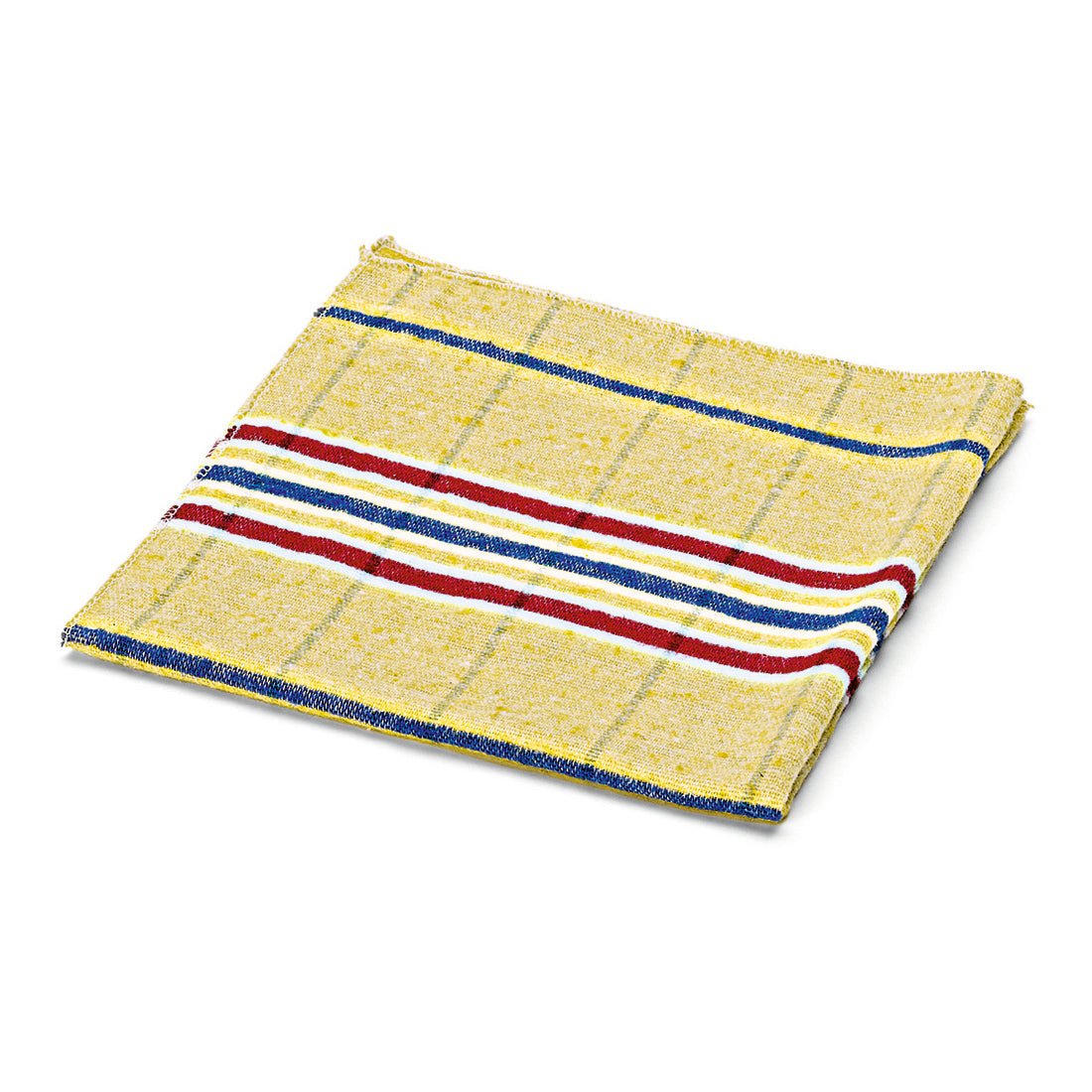 Een gevouwen gele Nölle Profi Brush stofdoek katoen van Nölle Profi Brush Borstel- & Pinseltechniek e.K. met ruitpatroon en rode, witte en blauwe dwarsstrepen aan één rand, ideaal voor de zachte reiniging, op een witte achtergrond.