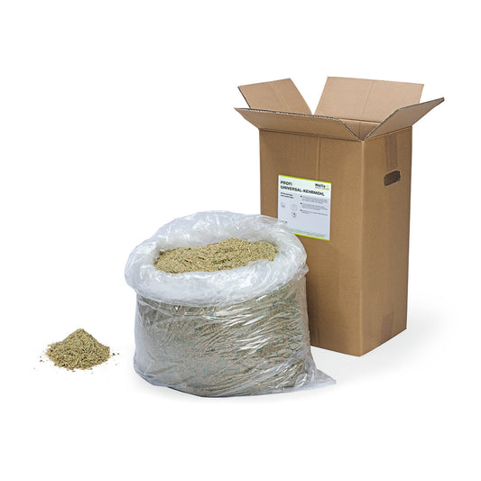 Ein großer durchsichtiger Sack Nölle Profi Brush Kehrmehl Universal, 25 kg staubbindend für Reinigung, sitzt neben einem passenden Stapel und einer offenen, beschrifteten Box - alles auf weiß. Ideal für die professionelle Reinigung von Nölle Profi Brush Bürsten- & Pinseltechnik e.K.