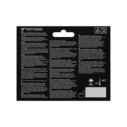 Achterkant van de 3M™ SecureFit™ leesbeschermingsbrilverpakking van 3M Deutschland GmbH, met meertalige veiligheids- en productinformatie in wit op zwart, kleine symboolgrafieken rechtsboven en een temperatuurgrafiek rechtsonder.