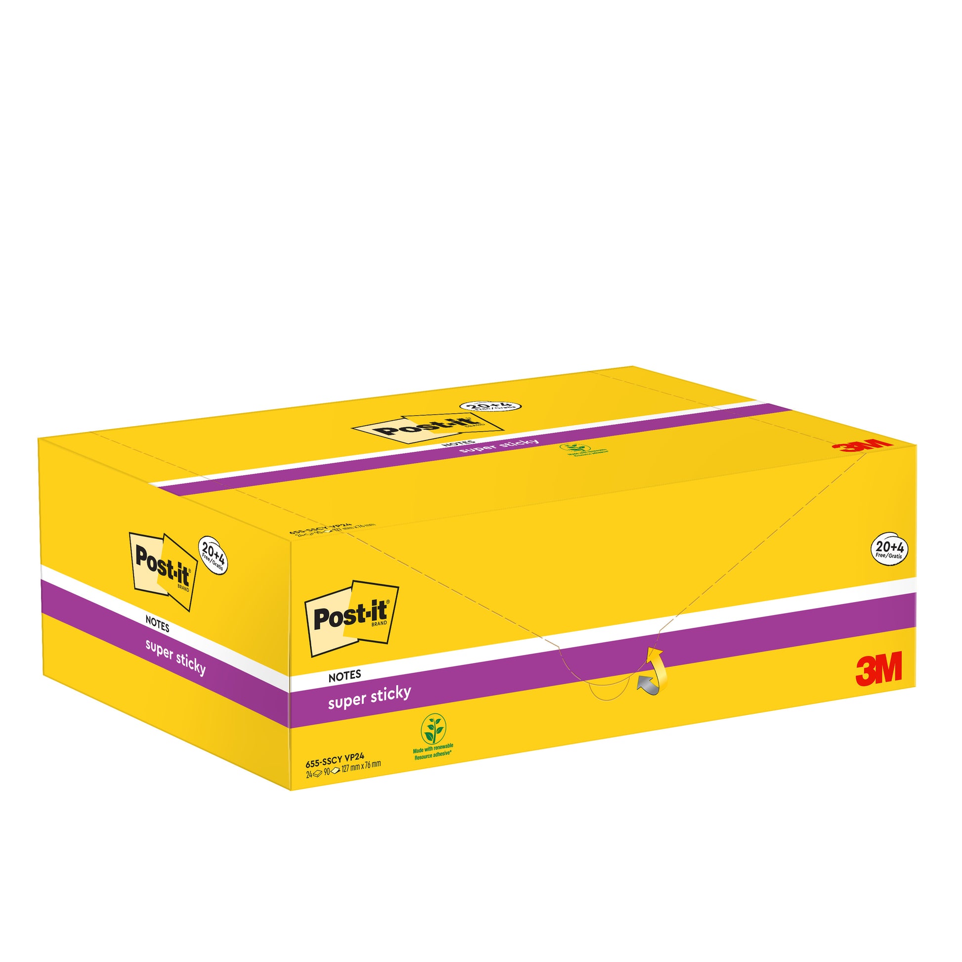 Eine gelbe Schachtel mit 3M Post-it® Super Sticky Notes, 76x127 mm, 90 Blatt pro Block, 24 Blöcke pro Packung, in einer Kartonverpackung. Hergestellt aus 100% PEFC-zertifiziertem Recyclingpapier (SGSCH-PEFC-COC-110078).