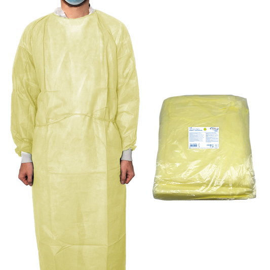 MaiMed-Coat ViruGuard, beschermjas van fleece, gele BW-manchetten, 140x140cm, 10 stuks/pak Serie: Protect | Pak (10 stuks)