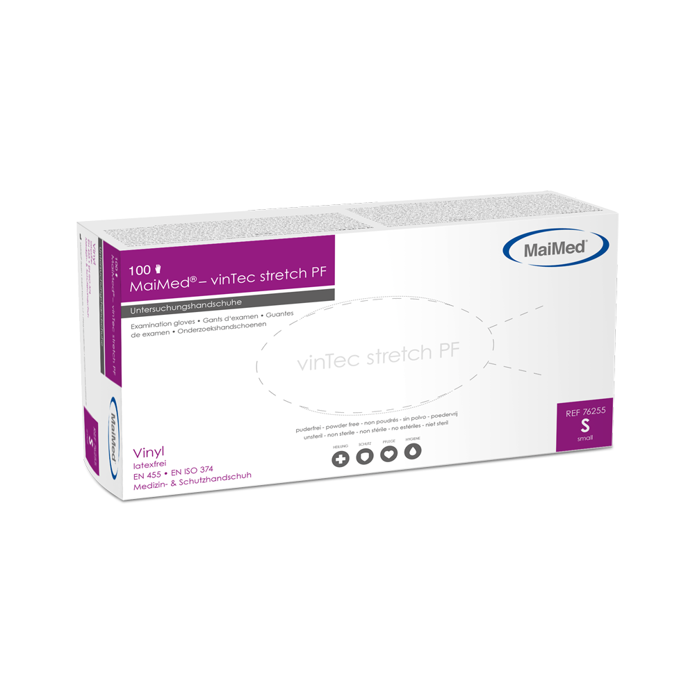 MaiMed-vinTec Stretch PF, niet-steriele, poedervinyl onderzoekshandschoenen 100 stuks/doos