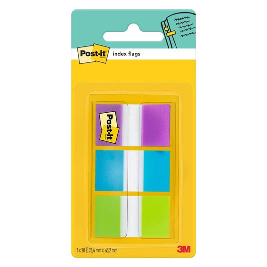 Een verpakking 3M Post-it® Index-plakstroken, standaard (25,4 mm x 43,2 mm), 60 plakstroken in verschillende kleuren in een dispenser. Ideaal voor het ordenen van documenten; met Post-it®- en 3M Deutschland GmbH-logo’s op de verpakking.