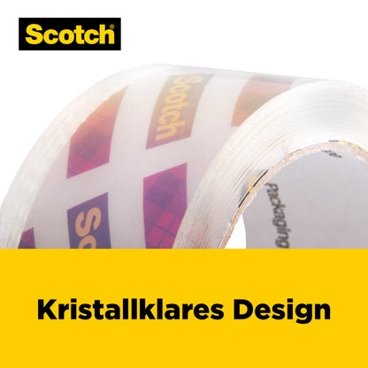 Die Nahaufnahme zeigt eine Rolle Scotch® Box Lock™ Verpackungsklebeband 3950-LR3-DC (48 mm x 50 m, 3 Rollen/Packung) der 3M Deutschland GmbH mit dem Schriftzug "Kristallklares Design" auf weißem Hintergrund und einem gelben Abschnitt am unteren Ende.