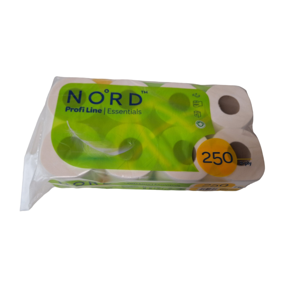 Een in plastic verpakte verpakking CUP UP d.o.o. toiletpapier, 2-laags, 250 vel, met acht zichtbare rollen per verpakking en groene etikettering. De tekst benadrukt de tweelaagse kwaliteit en wijst erop dat het uit 100% cellulose bestaat.