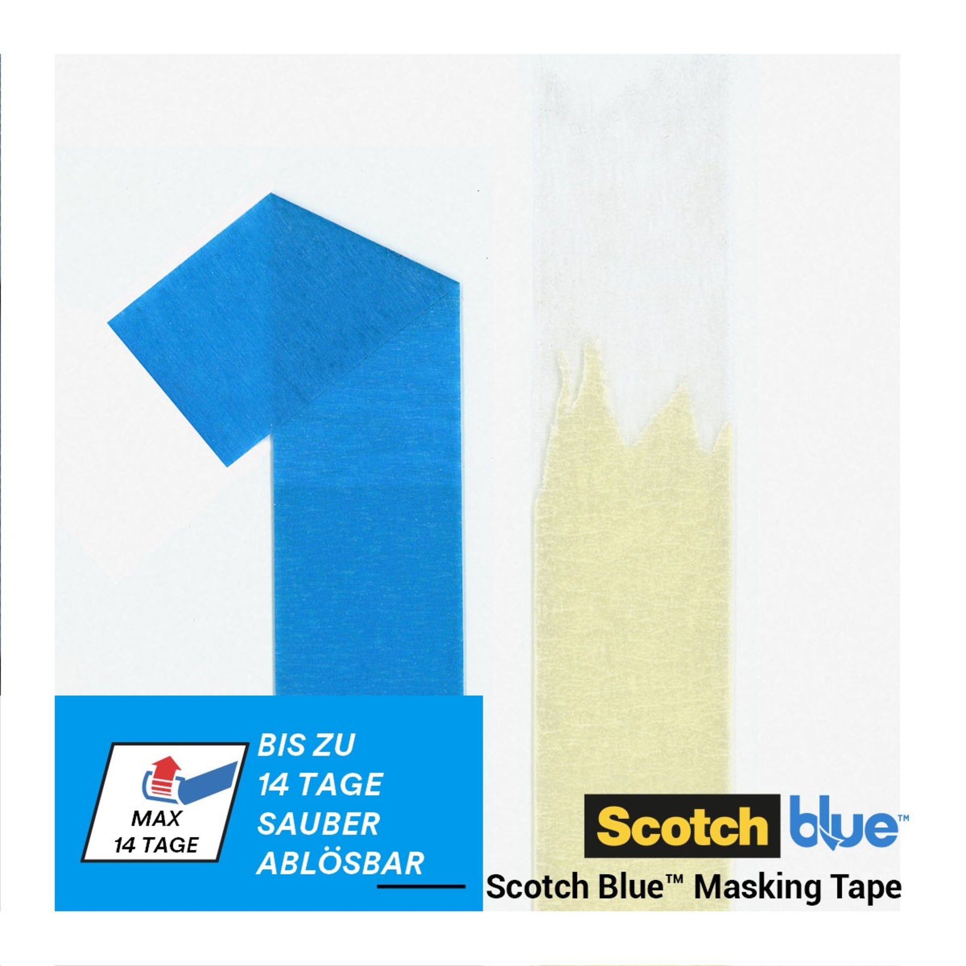 Ein Streifen blaues Abdeckband bildet eine "1" neben einem einfarbigen Klebebandstreifen. Deutscher Text und Logos zeigen, dass es sich um das ScotchBlue™ Malerabdeckband "Multi-Surface" der 3M Deutschland GmbH handelt, das bis zu 14 Tage ablösbar ist.