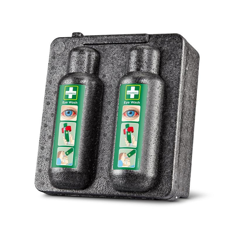 De Orkla Wound Care AB warmtekast voor oogspoeling 500x2 (1 verpakking) bevat twee oogspoelflessen met groene pictogram-etiketten en biedt veilige opslag en snelle toegang voor eerste hulp bij oogletsels in noodgevallen.