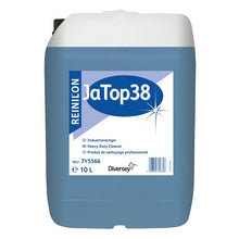 Een 10-liter verpakking Reinilon Ja-Top 38 Industriereiniger van Diversey Deutschland GmbH & Co. OHG kenmerkt zich door een blauwe vloeistof, een milieuvriendelijke formule en een etiket met productinformatie en een barcode aan de voorkant.