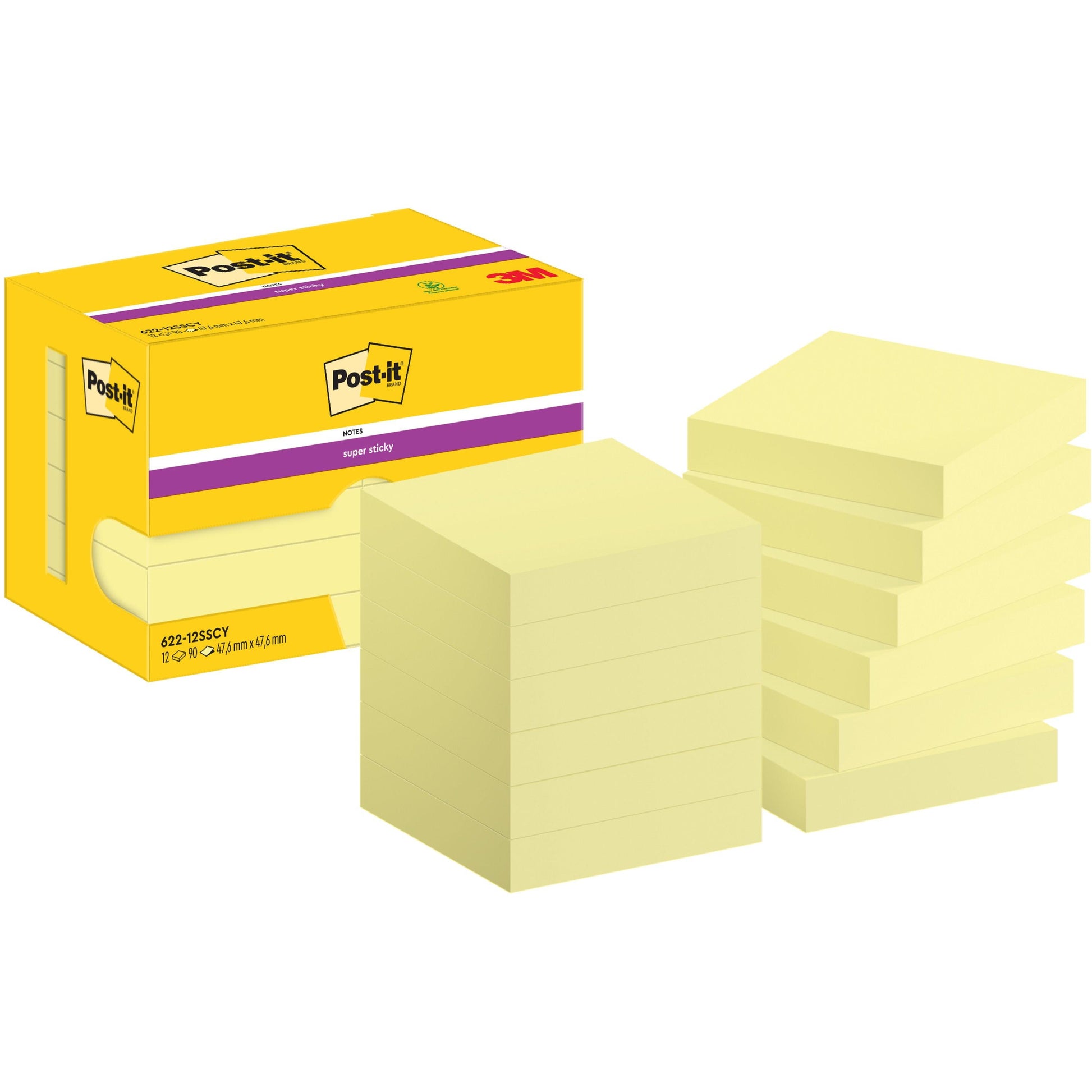Eine gelbe Schachtel mit der Aufschrift "Post-it® Super Sticky Notes, 47,6 mm x 47,6 mm, 90 Blatt/Block, 100% PEFC" der 3M Deutschland GmbH ist abgebildet, daneben liegen neun gelbe Haftnotizblöcke gestapelt.