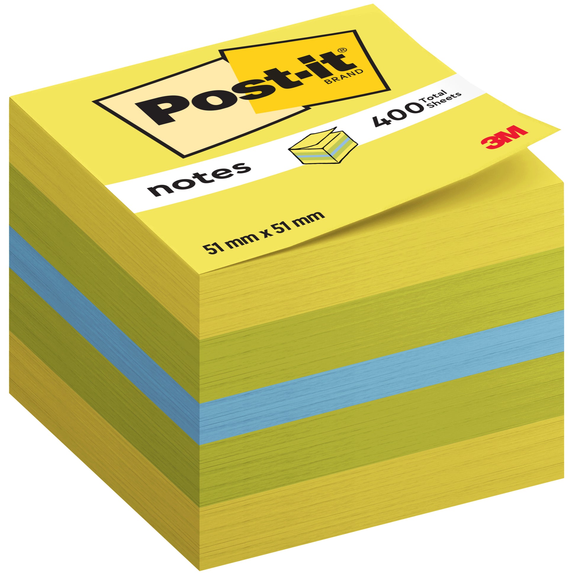 Der Post-it® Notes Mini Würfel von 3M Deutschland GmbH bietet 400 gelbe und blaue Blätter (51 x 51 mm, 100% PEFC) pro Block. Die Verpackung ist mit dem Post-it®- und dem 3M-Logo versehen.