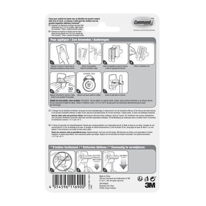 De achterkant van een Command™ bezemhouder, 17007-FR-verpakking van 3M Deutschland GmbH toont een geïllustreerde, meertalige handleiding voor het aanbrengen en verwijderen van de houder met Command kleefstrips. Diagrammen begeleiden stap voor stap door de montage en demontage.