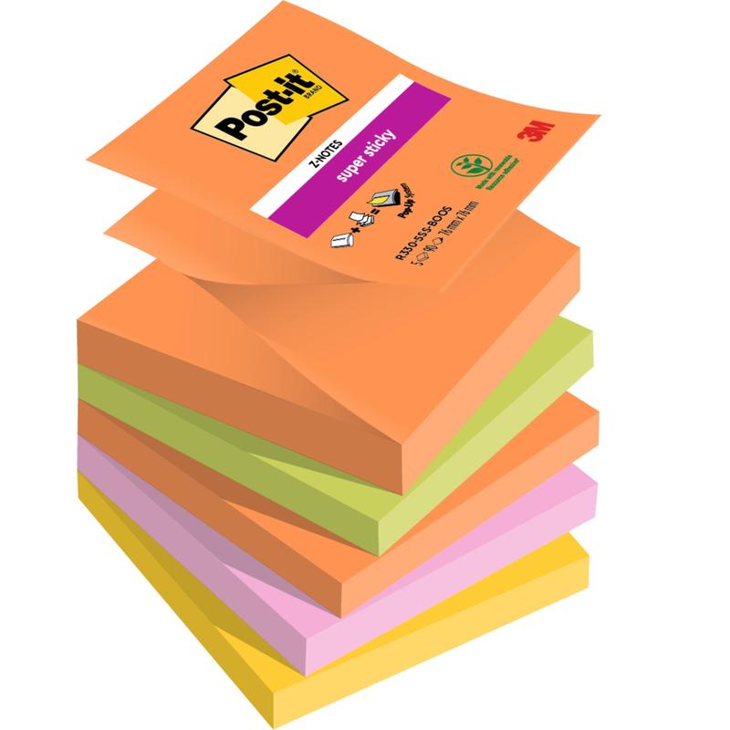 Een stapel van zes Post-it® Super Sticky Z-Notes Boost Collection blokken (76x76 mm, elk 90 vel, 100% PEFC) in verschillende kleuren van 3M Deutschland GmbH. Het bovenste oranje blok toont de tekst "Post-it Super Sticky" en het 3M-logo.