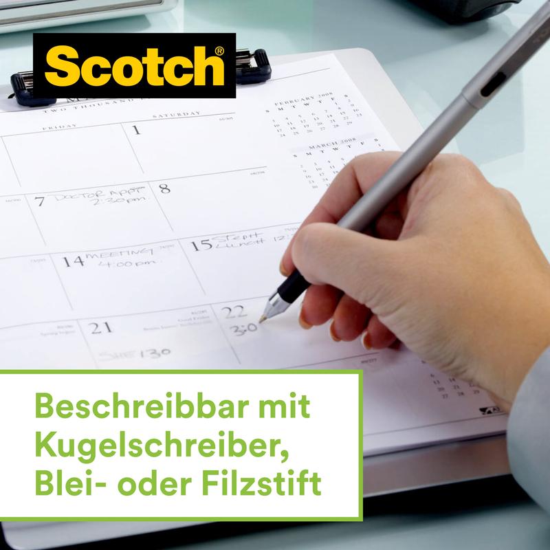 Een hand schrijft in een kalender, terwijl de 3M Scotch™ roestvrijstalen plakbandhouder, zilver en Scotch® Magic™ plakband (66% plantaardige lijm) ernaast ligt. Onderaan staat: "Beschrijfbaar met balpen, potlood of viltstift.