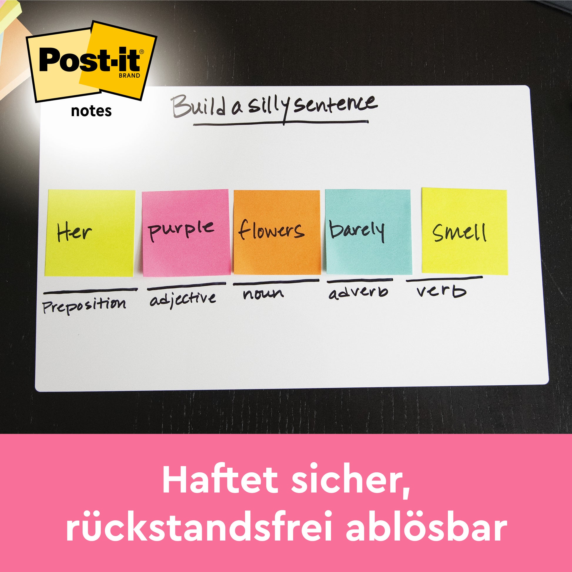Auf einem Whiteboard sind fünf bunte Post-it® Zettel (Beachside Collection, 38 mm x 51 mm, 3M Deutschland GmbH) mit der Aufschrift "Ihre lila Blumen duften kaum" zu sehen; es erscheinen Satzteile und eine rosa deutsche Fahne mit dem Post-it Logo oben links.