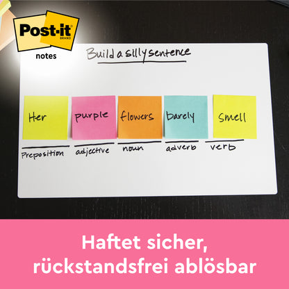 Auf einem Whiteboard sind bunte Post-it® Notes (76 mm x 76 mm, 100 Blatt/Block, 100% PEFC) der 3M Deutschland GmbH mit Wörtern und Wortteilen abgebildet; das Post-it-Logo befindet sich oben links und der deutsche Text erscheint unten.