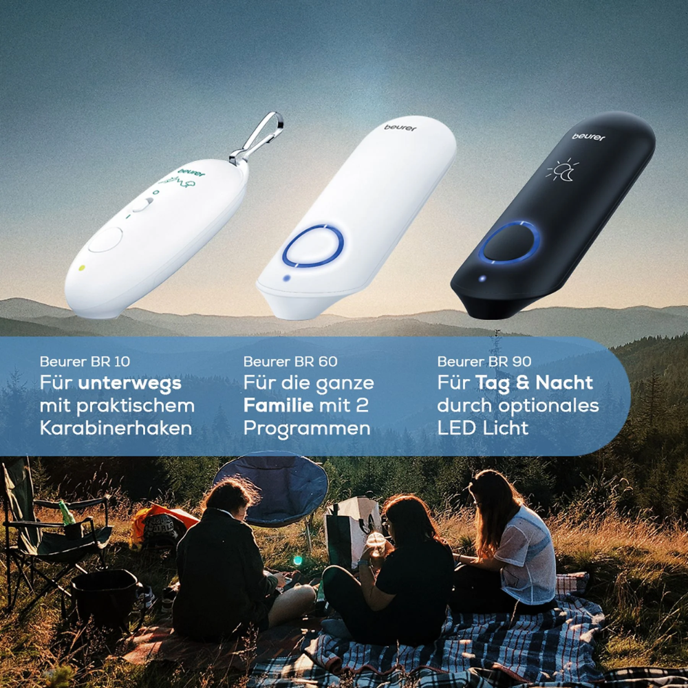 De Beurer GmbH BR 60 Insektenstichheiler wordt getoond boven een kampeerscène met karabijnhaak, twee programma's en optioneel LED-licht - ideaal voor de behandeling van insectenbeten in de buitenlucht.