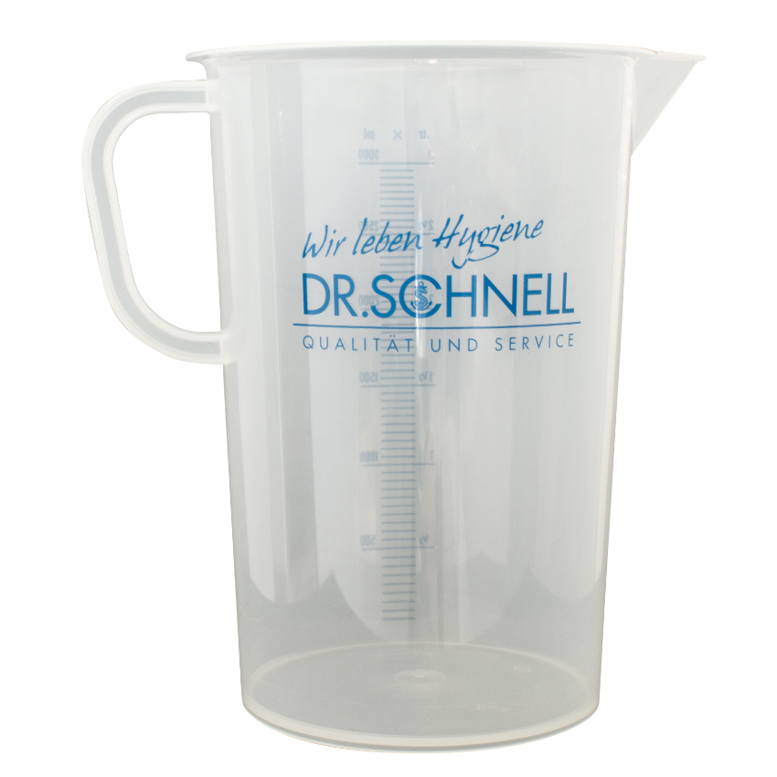Der DR.SCHNELL Messbecher Dosierhilfe von DR.SCHNELL GmbH & Co. KGaA ist ein klarer Kunststoff-Messbecher mit Henkel, Ausguss, blauem "Dr. Schnell"-Schriftzug und vertikaler Skala, der leer und aufrecht auf weißem Hintergrund abgebildet ist.