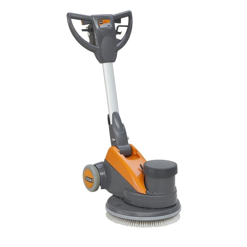 De TASKI ergodisc 200 van Diversey Deutschland GmbH & Co. OHG, een kostenefficiënte schrobzuigmachine met lage snelheid (200 tpm) voor alle standaard reinigingstaken, is afgebeeld in de kleuren grijs en oranje met bedieningspanelen en wielen op een witte achtergrond.