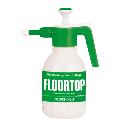 Eine weiße Kunststoff-Sprühflasche Dr. Schnell Drucksprüher 1,5 Liter von DR.SCHNELL GmbH & Co. KGaA, mit grüner Pumpe und Düse, mit der Aufschrift "FLOORTOP" in großen Buchstaben und "DR. SCHNELL" in deutscher Schrift am Boden.