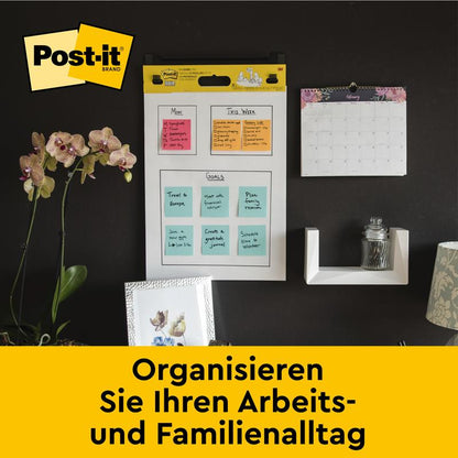 Een wandorganizer met Post-it® Super Sticky zelfklevende vergaderblok/flipover van 3M (58,4 x 50,8 cm, 20 vellen/blok, incl. Command™-strips), gekleurde notities en kalender vergemakkelijkt de organisatie van werk & gezin.