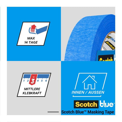 Afgebeeld is een rol 3M Deutschland GmbH ScotchBlue™ schilderafplaktape "Multi-Surface" met symbolen voor een gebruiksduur tot 14 dagen, een gemiddelde kleefkracht en de geschiktheid voor binnen- en buitentoepassingen.