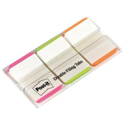 Een pak 3M Post-it® Index Strong tabbladen, standaardformaat (25,4 mm x 38,1 mm), bevat 66 plakstroken in verschillende kleuren, netjes verpakt in een dispenser van 3M Deutschland GmbH.