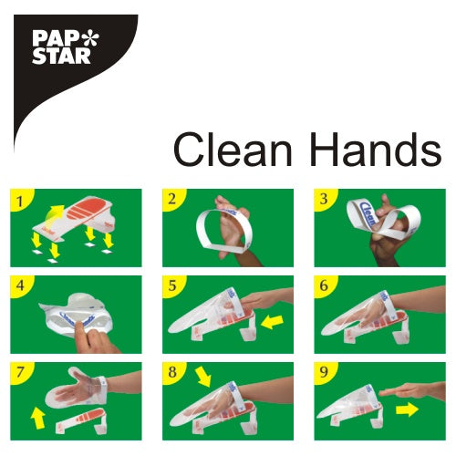 Een visuele handleiding met de PAPSTAR Clean Hands Base Kit, roestvrij staal (11,5x12,7x22 cm), van de PAPSTAR GmbH toont in negen genummerde panelen met stappen voor het inbrengen en bevestigen van de hand op een groene achtergrond, hoe een kunststofhandschoen voor hygiëne wordt aangetrokken.