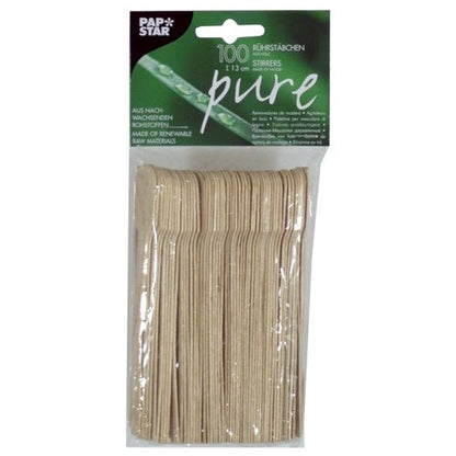 Een verpakking met 100 PAPSTAR roerstaafjes hout "pure" (13 cm), milieuvriendelijk en stabiel, in de zak van PAPSTAR GmbH - gestapeld en verpakt in transparante folie met groen-zwart label.