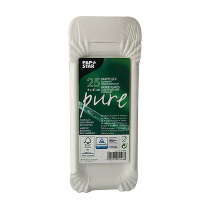 Een 25-pack ronde witte wegwerpborden van duurzaam karton van de PAPSTAR GmbH, serie "Pure", in overwegend witte verpakking met groen etiket met productdetails in meerdere talen.