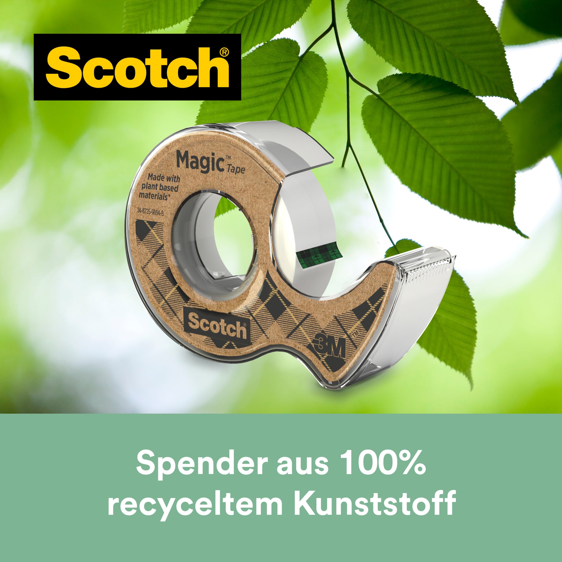 Das 3M Scotch® Magic™ Klebeband 9-1920D besteht aus 66 % pflanzlichem Klebstoff und wird mit einem Abroller aus Recyclingmaterial geliefert. Maße: 19 mm x 20 m - ideal als nachhaltiges Büro-Klebeband.