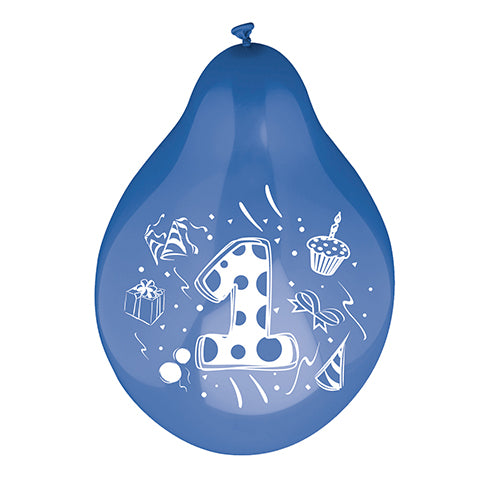 Een cijferballon (Ø 25 cm, kleurrijk gesorteerd) van PAPSTAR GmbH toont in het midden een groot wit cijfer één, geaccentueerd door kleurrijke afbeeldingen van een cadeau, een cupcake, een feestmuts, confetti en linten.