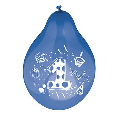 Een cijferballon (Ø 25 cm, kleurrijk gesorteerd) van PAPSTAR GmbH toont in het midden een groot wit cijfer één, geaccentueerd door kleurrijke afbeeldingen van een cadeau, een cupcake, een feestmuts, confetti en linten.