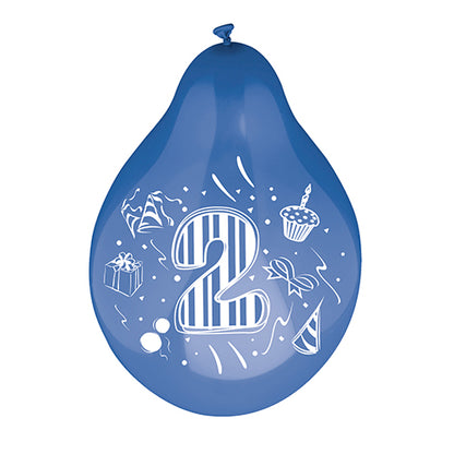 Een cijferballon van PAPSTAR GmbH (Ø 25 cm, kleurrijk gesorteerd) met een groot wit cijfer '2' en kleurrijke illustraties van een cupcake, feesthoed, cadeauverpakking en confetti.