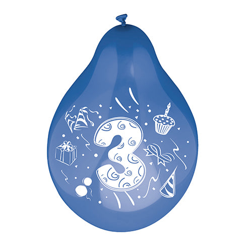 Een PAPSTAR set van 6 cijferballonnen Ø 25 cm van PAPSTAR GmbH, bestaande uit een blauwe ballon met een groot wit cijfer 3 en kleurrijk gesorteerde afbeeldingen van een cadeau, een feestmuts, een cupcake en confetti.