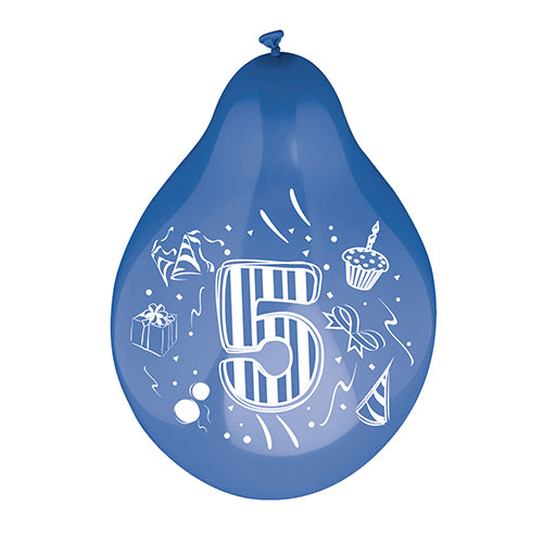 Een PAPSTAR 6 cijferballonnen Ø 25 cm kleurrijk gesorteerde ballon van de PAPSTAR GmbH toont een groot gestreept cijfer 5, omringd door tekeningen van een cadeaubox, een feesthoedje, een cupcake met kaars, confetti en kleine vormen.