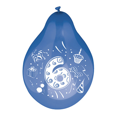 De cijferballon (Ø 25 cm, kleurrijk gesorteerd) van de PAPSTAR GmbH bestaat uit een groot wit cijfer zes met feestelijke motieven zoals een cadeaubox, een feesthoedje, een cupcake met kaars en slingers.