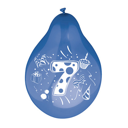 De PAPSTAR 6 cijferballonnen Ø 25 cm kleurrijk gesorteerd van de PAPSTAR GmbH omvatten kleurrijke cijferballonnen met witte cupcake-, cadeaubox-, confetti-, strik- en feesthoedmotieven.