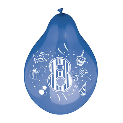 Een kleurrijke PAPSTAR cijferballon met groot cijfer 8 (Ø 25 cm), kleurrijk gesorteerd van PAPSTAR GmbH - ideaal voor het 8e verjaardagsfeest, aangevuld met afbeeldingen van cadeau, cupcakes, feesthoedje en confetti!