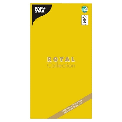 Een gele, rechthoekige verpakking van PAPSTAR GmbH met het opschrift "ROYAL Collection" bevat certificeringslogo's en productdetails - ideaal voor de presentatie van het hoogwaardige tafelkleed, tissue "ROYAL Collection" 120 cm x 180 cm.