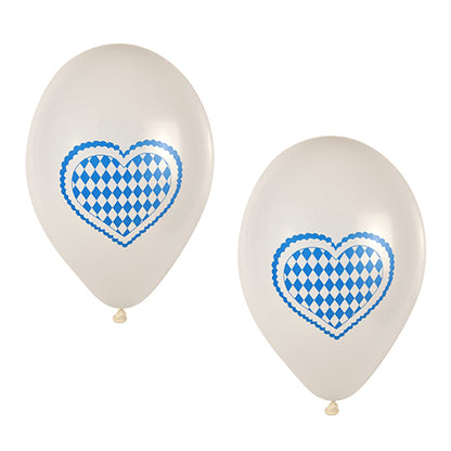 Twee PAPSTAR ballonnen "Bayrisch Blau" (Ø 25 cm) van de PAPSTAR GmbH met klassiek blauw-wit ruitenhart zijn naast elkaar afgebeeld - een ideale Oktoberfest-decoratie uit het 20-delige feestpakket.