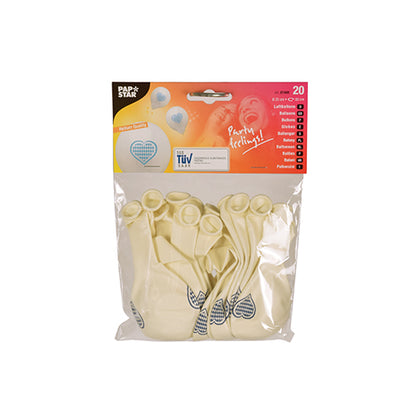 Transparante verpakking met 20 PAPSTAR ballonnen "Bayrisch Blau" (25 cm, wit latex met blauw hartmotief) van PAPSTAR GmbH; rood-wit top-label. Ideaal voor Oktoberfest decoratie en andere feesten.