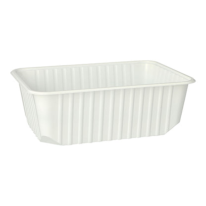 De Starpak 50 verpakkingsbeker is een witte, rechthoekige 1-liter-PP-opslagcontainer (6,3 × 18,6 × 13,3 cm) met verticale zijribben en afgeronde hoeken, verkrijgbaar in een verpakking van 50 stuks, afgebeeld tegen een witte achtergrond.