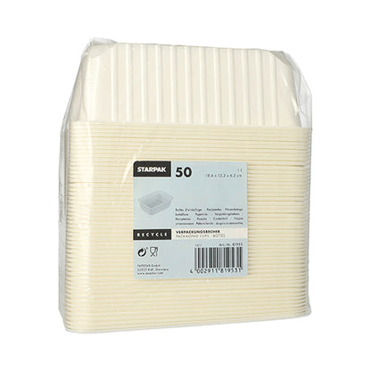 Een transparante kunststofverpakking bevat 50 witte, rechthoekige Starpak verpakkingsbekers (1 l, 6,3 x 18,6 x 13,3 cm, PP) voor het bewaren van voedsel. Het lichtblauwe voorlabel toont het merk Starpak en productdetails in meerdere talen.