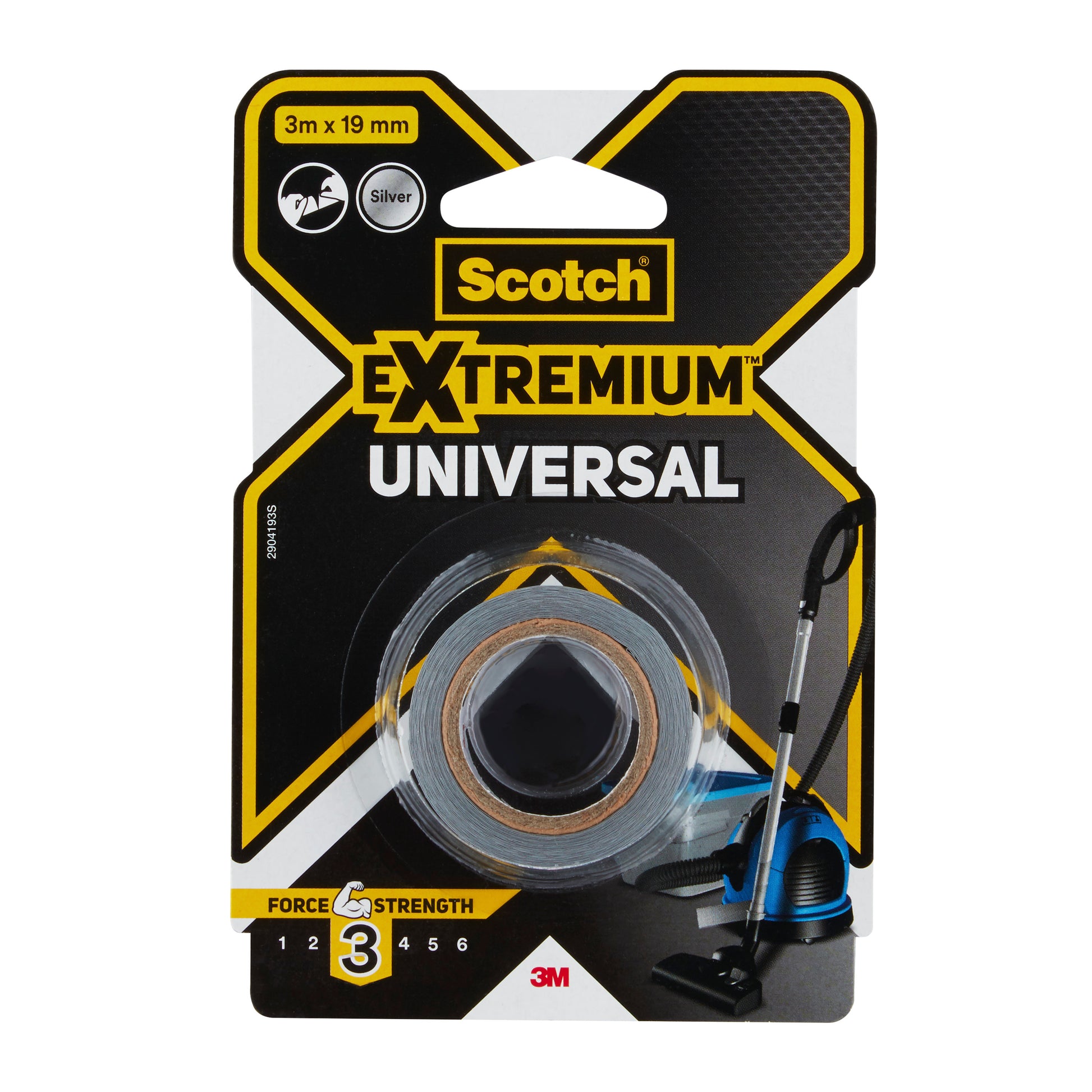 Eine Packung Scotch® Extremium™ Universal Klebeband, 3 m x 19 mm, silber, der 3M Deutschland GmbH mit einem Staubsaugermotiv auf der Vorderseite und einer Kraftstufe von 3/6 auf der Verpackung.