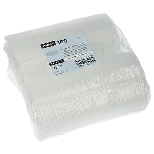 Een transparante, met folie omwikkelde verpakking met 100 Starpak-deksels voor verpakkingsbekers (rond, Ø10,1 cm, 0,8 cm) van PP. Op het etiket worden productdetails, barcode en recyclingsymbolen weergegeven.