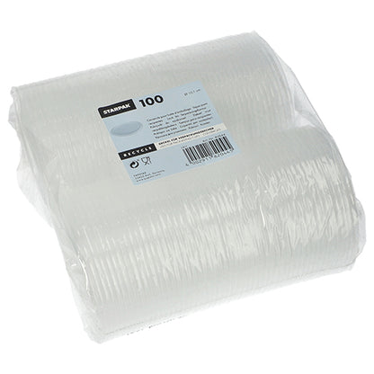 Een transparante, met folie omwikkelde verpakking met 100 Starpak-deksels voor verpakkingsbekers (rond, Ø10,1 cm, 0,8 cm) van PP. Op het etiket worden productdetails, barcode en recyclingsymbolen weergegeven.
