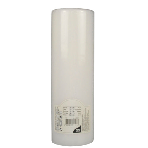 Een witte PAPSTAR stompkaars Ø 80 mm met platte bovenkant (250 mm lang, krimpfolie, 1 stuk) van PAPSTAR GmbH staat ongebruikt met glad oppervlak en etiket aan de basis.